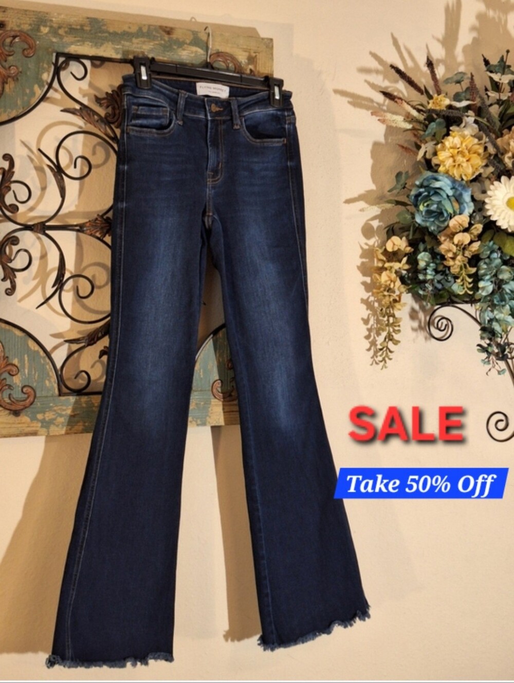 Flying Monkey Dark Indigo Flare Jeans with Raw Hem. Size 27